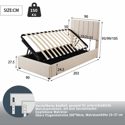 Cama estofada em linho com arrumação - 90x200 cm - Bege Cama estofada em linho com arrumação - 90x200 cm - Bege