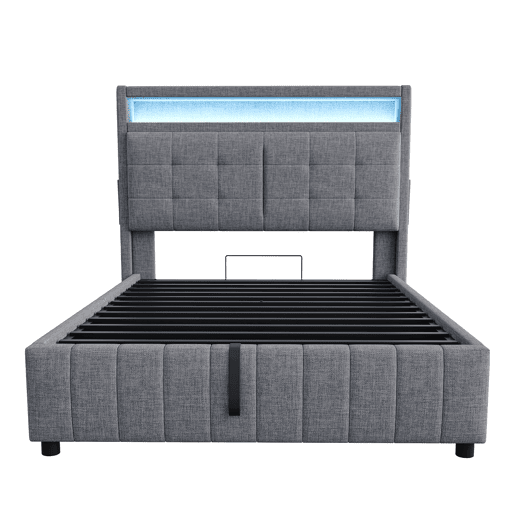Cama de linho com arrumação estofada - 140x200 cm - com LED + tomada USB + estrado - Cinzento