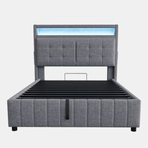 Cama de linho com arrumação estofada - 140x200 cm - com LED + tomada USB + estrado - Cinzento