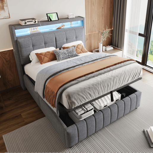 Cama de linho com arrumação estofada - 140x200 cm - com LED + tomada USB + estrado - Cinzento