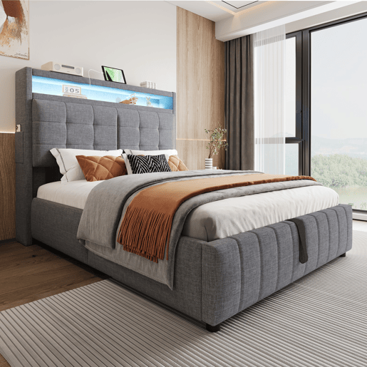 Cama de linho com arrumação estofada - 140x200 cm - com LED + tomada USB + estrado - Cinzento