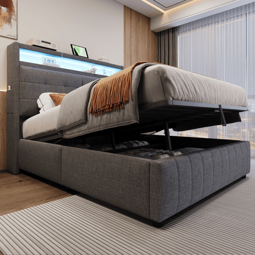 Cama de linho com arrumação estofada - 140x200 cm - com LED + tomada USB + estrado - Cinzento