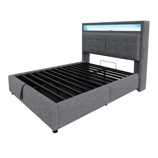 Cama de linho com arrumação estofada - 140x200 cm - com LED + tomada USB + estrado - Cinzento
