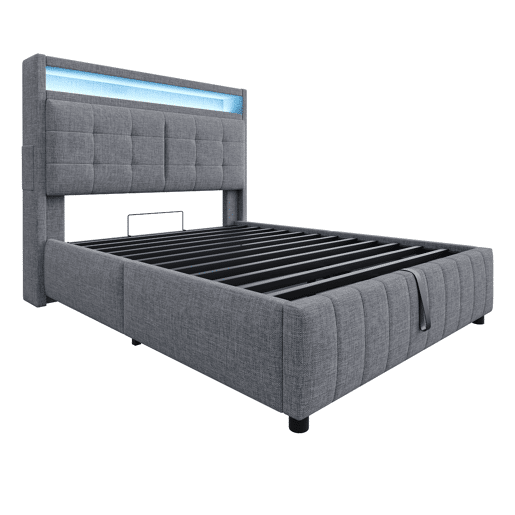 Cama de linho com arrumação estofada - 140x200 cm - com LED + tomada USB + estrado - Cinzento