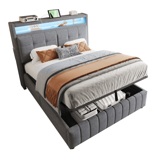 Cama de linho com arrumação estofada - 140x200 cm - com LED + tomada USB + estrado - Cinzento
