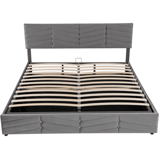 Cama de contentor em veludo com estrado de ripas + cabeceira regulável - 160x200cm - Cinzento Cama de contentor em veludo com estrado de ripas + cabeceira regulável - 160x200cm - Cinzento