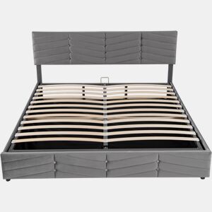 Cama de contentor em veludo com estrado de ripas + cabeceira regulável - 160x200cm - Cinzento