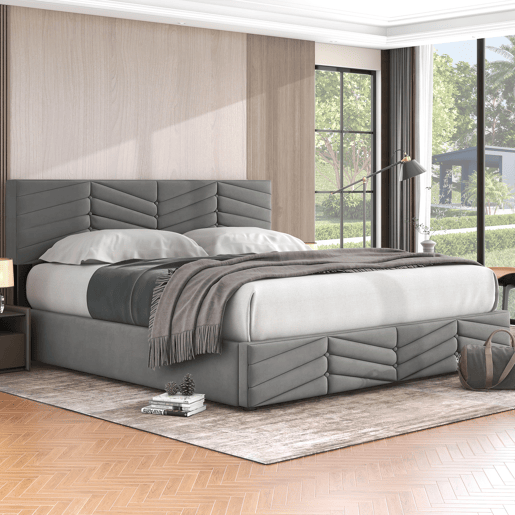 Cama de contentor em veludo com estrado de ripas + cabeceira regulável - 160x200cm - Cinzento Cama de contentor em veludo com estrado de ripas + cabeceira regulável - 160x200cm - Cinzento
