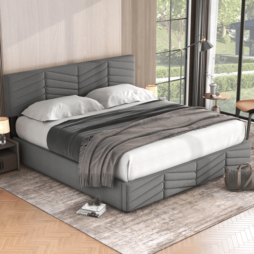 Cama de contentor em veludo com estrado de ripas + cabeceira regulável - 160x200cm - Cinzento Cama de contentor em veludo com estrado de ripas + cabeceira regulável - 160x200cm - Cinzento