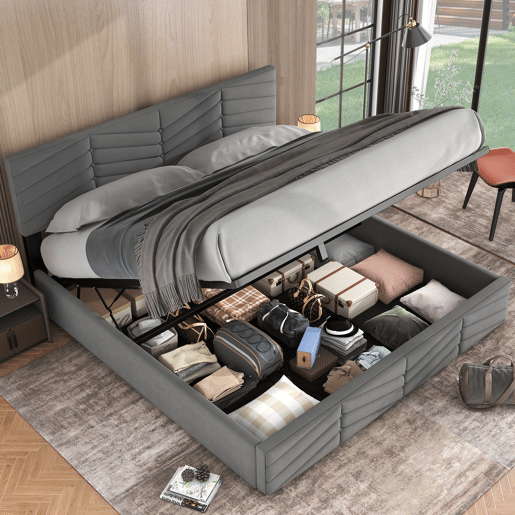 Cama de contentor em veludo com estrado de ripas + cabeceira regulável - 160x200cm - Cinzento Cama de contentor em veludo com estrado de ripas + cabeceira regulável - 160x200cm - Cinzento