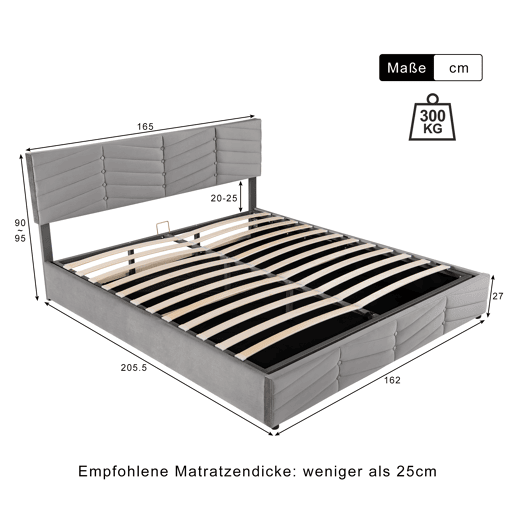 Cama de contentor em veludo com estrado de ripas + cabeceira regulável - 160x200cm - Cinzento Cama de contentor em veludo com estrado de ripas + cabeceira regulável - 160x200cm - Cinzento