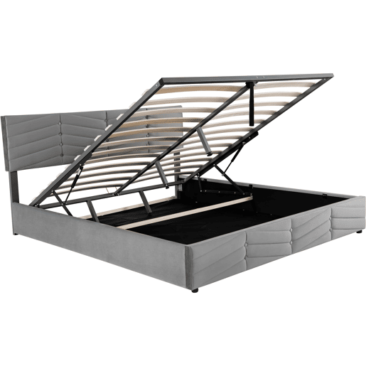 Cama de contentor em veludo com estrado de ripas + cabeceira regulável - 160x200cm - Cinzento Cama de contentor em veludo com estrado de ripas + cabeceira regulável - 160x200cm - Cinzento