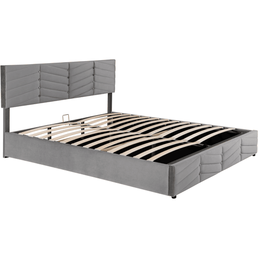 Cama de contentor em veludo com estrado de ripas + cabeceira regulável - 160x200cm - Cinzento Cama de contentor em veludo com estrado de ripas + cabeceira regulável - 160x200cm - Cinzento