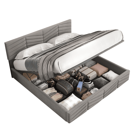 Cama de contentor em veludo com estrado de ripas + cabeceira regulável - 160x200cm - Cinzento Cama de contentor em veludo com estrado de ripas + cabeceira regulável - 160x200cm - Cinzento