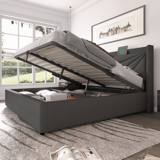 Cama contentora em tecido de linho 180x200 cm - com porta USB e estrado - Cinzento