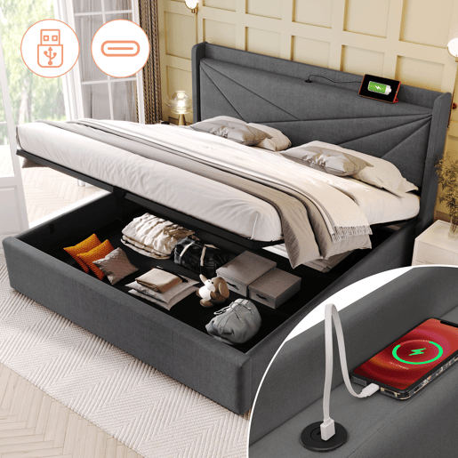 Cama contentora em tecido de linho 180x200 cm - com porta USB e estrado - Cinzento