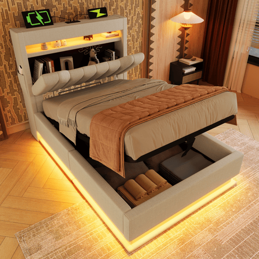 Cama estofada 90x200 cm - Cabeceira com arrumação, portas USB e Tipo-C, iluminação LED, bege, Leinen Cama estofada 90x200 cm - Cabeceira com arrumação, portas USB e Tipo-C, iluminação LED, bege, Leinen