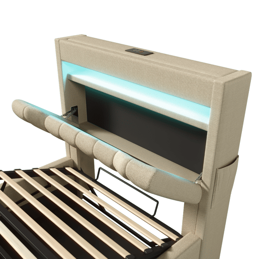 Cama estofada 90x200 cm - Cabeceira com arrumação, portas USB e Tipo-C, iluminação LED, bege, Leinen Cama estofada 90x200 cm - Cabeceira com arrumação, portas USB e Tipo-C, iluminação LED, bege, Leinen