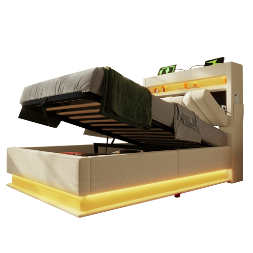 Cama estofada 90x200 cm - Cabeceira com arrumação, portas USB e Tipo-C, iluminação LED, bege, Leinen Cama estofada 90x200 cm - Cabeceira com arrumação, portas USB e Tipo-C, iluminação LED, bege, Leinen