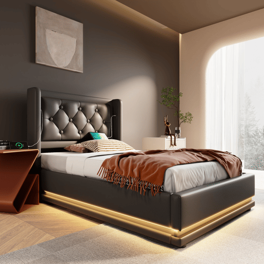 Cama individual 90*200 cm - Cabeceira acolchoada com função LED em 3 lados, armazenamento hidráulico, material PU preto Cama individual 90*200 cm - Cabeceira acolchoada com função LED em 3 lados, armazenamento hidráulico, material PU preto
