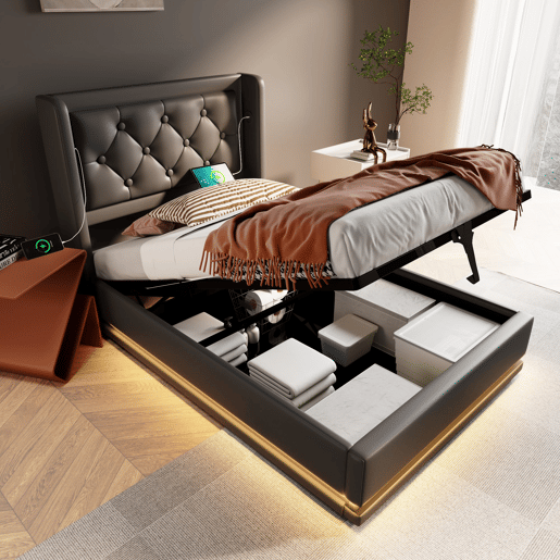 Cama individual 90*200 cm - Cabeceira acolchoada com função LED em 3 lados, armazenamento hidráulico, material PU preto Cama individual 90*200 cm - Cabeceira acolchoada com função LED em 3 lados, armazenamento hidráulico, material PU preto