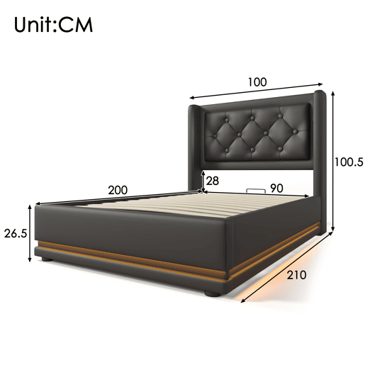 Cama individual 90*200 cm - Cabeceira acolchoada com função LED em 3 lados, armazenamento hidráulico, material PU preto Cama individual 90*200 cm - Cabeceira acolchoada com função LED em 3 lados, armazenamento hidráulico, material PU preto