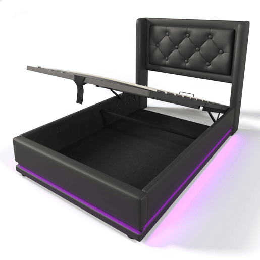 Cama individual 90*200 cm - Cabeceira acolchoada com função LED em 3 lados, armazenamento hidráulico, material PU preto Cama individual 90*200 cm - Cabeceira acolchoada com função LED em 3 lados, armazenamento hidráulico, material PU preto