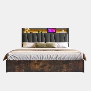 Cama em tecido de linho com arrumação 180x200 cm - com LED, portas de carregamento e estrado - Cinzento