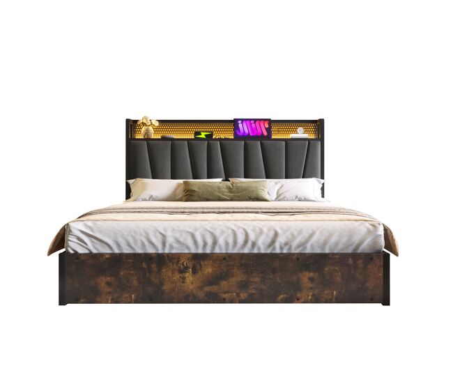 Cama con almacenaje de tela de lino de 180x200 cm - con led, puertos de carga y somier - gris