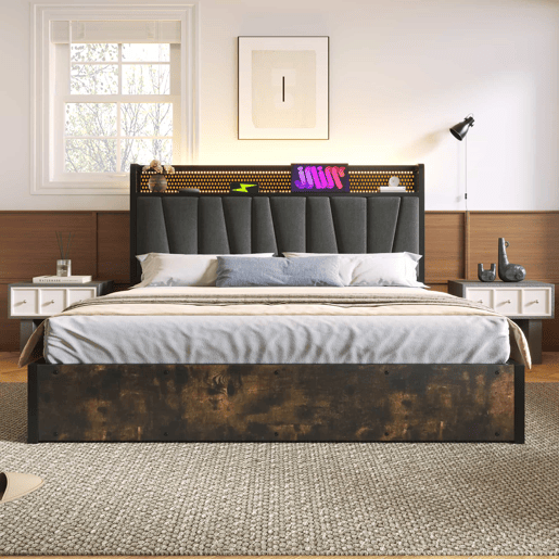 Cama em tecido de linho com arrumação 180x200 cm - com LED, portas de carregamento e estrado - Cinzento