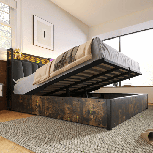 Cama em tecido de linho com arrumação 180x200 cm - com LED, portas de carregamento e estrado - Cinzento