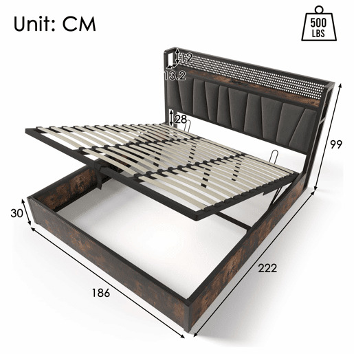 Cama em tecido de linho com arrumação 180x200 cm - com LED, portas de carregamento e estrado - Cinzento