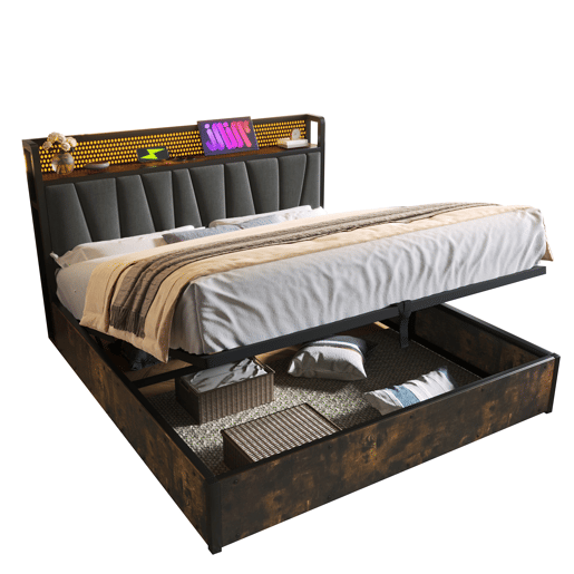 Cama em tecido de linho com arrumação 180x200 cm - com LED, portas de carregamento e estrado - Cinzento
