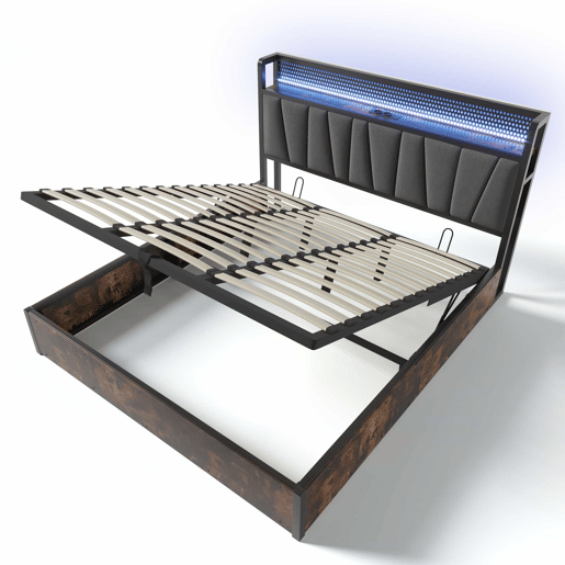 Cama em tecido de linho com arrumação 180x200 cm - com LED, portas de carregamento e estrado - Cinzento