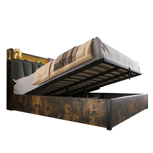 Cama em tecido de linho com arrumação 180x200 cm - com LED, portas de carregamento e estrado - Cinzento