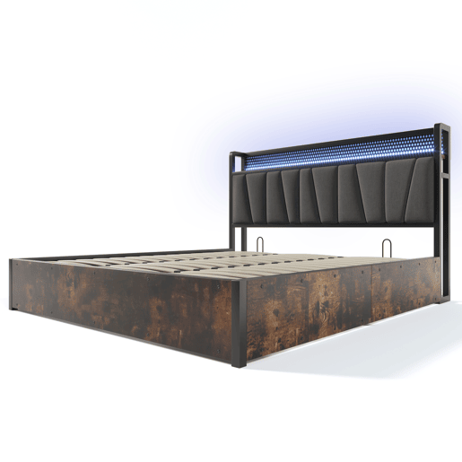 Cama em tecido de linho com arrumação 180x200 cm - com LED, portas de carregamento e estrado - Cinzento