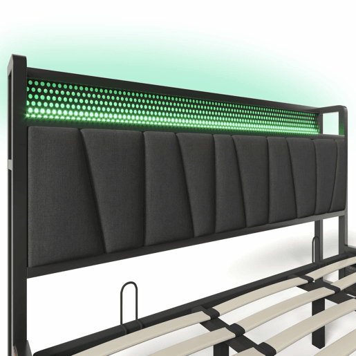 Cama em tecido de linho com arrumação 180x200 cm - com LED, portas de carregamento e estrado - Cinzento