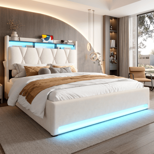 Estrutura da cama 160x200 cm - Com iluminação LED, carregamento USB Tipo C, arrumação embaixo, cabeceira com arrumação, hidráulica - Bege