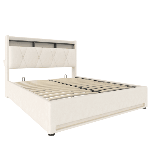 Estrutura da cama 160x200 cm - Com iluminação LED, carregamento USB Tipo C, arrumação embaixo, cabeceira com arrumação, hidráulica - Bege