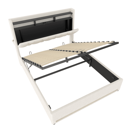 Estrutura da cama 160x200 cm - Com iluminação LED, carregamento USB Tipo C, arrumação embaixo, cabeceira com arrumação, hidráulica - Bege