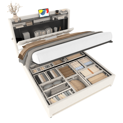 Estrutura da cama 160x200 cm - Com iluminação LED, carregamento USB Tipo C, arrumação embaixo, cabeceira com arrumação, hidráulica - Bege