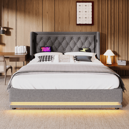 Cama estofada 140*200 cm - Material algodão, cama hidráulica com arrumação, cabeceira acolchoada com carregador USB tipo C, função LED em 3 lados - Cinza Cama estofada 140*200 cm - Material algodão, cama hidráulica com arrumação, cabeceira acolchoada com carregador USB tipo C, função LED em 3 lados - Cinza