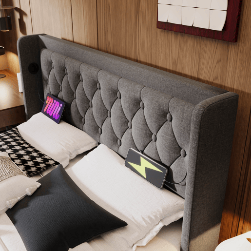 Cama estofada 140*200 cm - Material algodão, cama hidráulica com arrumação, cabeceira acolchoada com carregador USB tipo C, função LED em 3 lados - Cinza Cama estofada 140*200 cm - Material algodão, cama hidráulica com arrumação, cabeceira acolchoada com carregador USB tipo C, função LED em 3 lados - Cinza