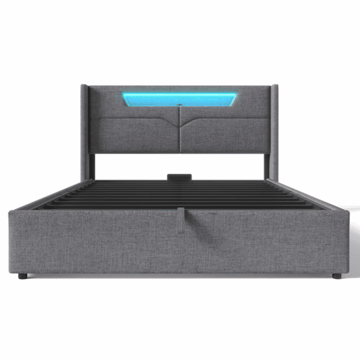 Cama contentora estofada em linho 160x200cm - com LED e portas de carregamento - com estrado de molas - Cinzento
