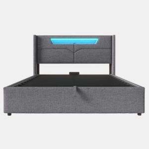 Cama contentora estofada em linho 160x200cm - com LED e portas de carregamento - com estrado de molas - Cinzento