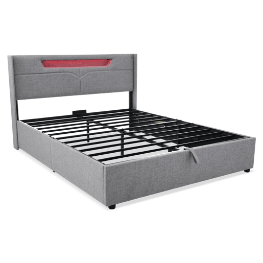 Cama contentora estofada em linho 160x200cm - com LED e portas de carregamento - com estrado de molas - Cinzento