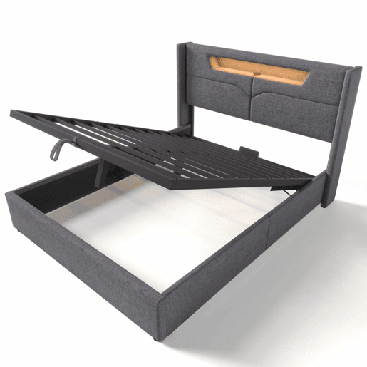 Cama contentora estofada em linho 160x200cm - com LED e portas de carregamento - com estrado de molas - Cinzento