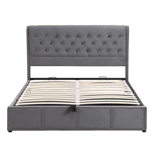 Cama contentora estofada em veludo - decorada com rebites - com estrado de ripas - 140x200cm - Cinzento Cama contentora estofada em veludo - decorada com rebites - com estrado de ripas - 140x200cm - Cinzento