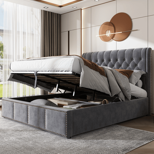 Cama contentora estofada em veludo - decorada com rebites - com estrado de ripas - 140x200cm - Cinzento Cama contentora estofada em veludo - decorada com rebites - com estrado de ripas - 140x200cm - Cinzento