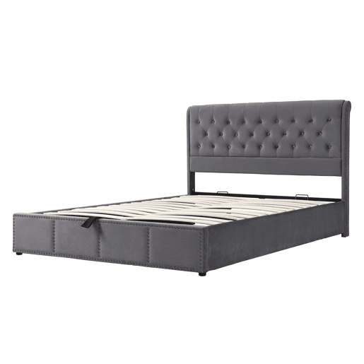 Cama contentora estofada em veludo - decorada com rebites - com estrado de ripas - 140x200cm - Cinzento Cama contentora estofada em veludo - decorada com rebites - com estrado de ripas - 140x200cm - Cinzento